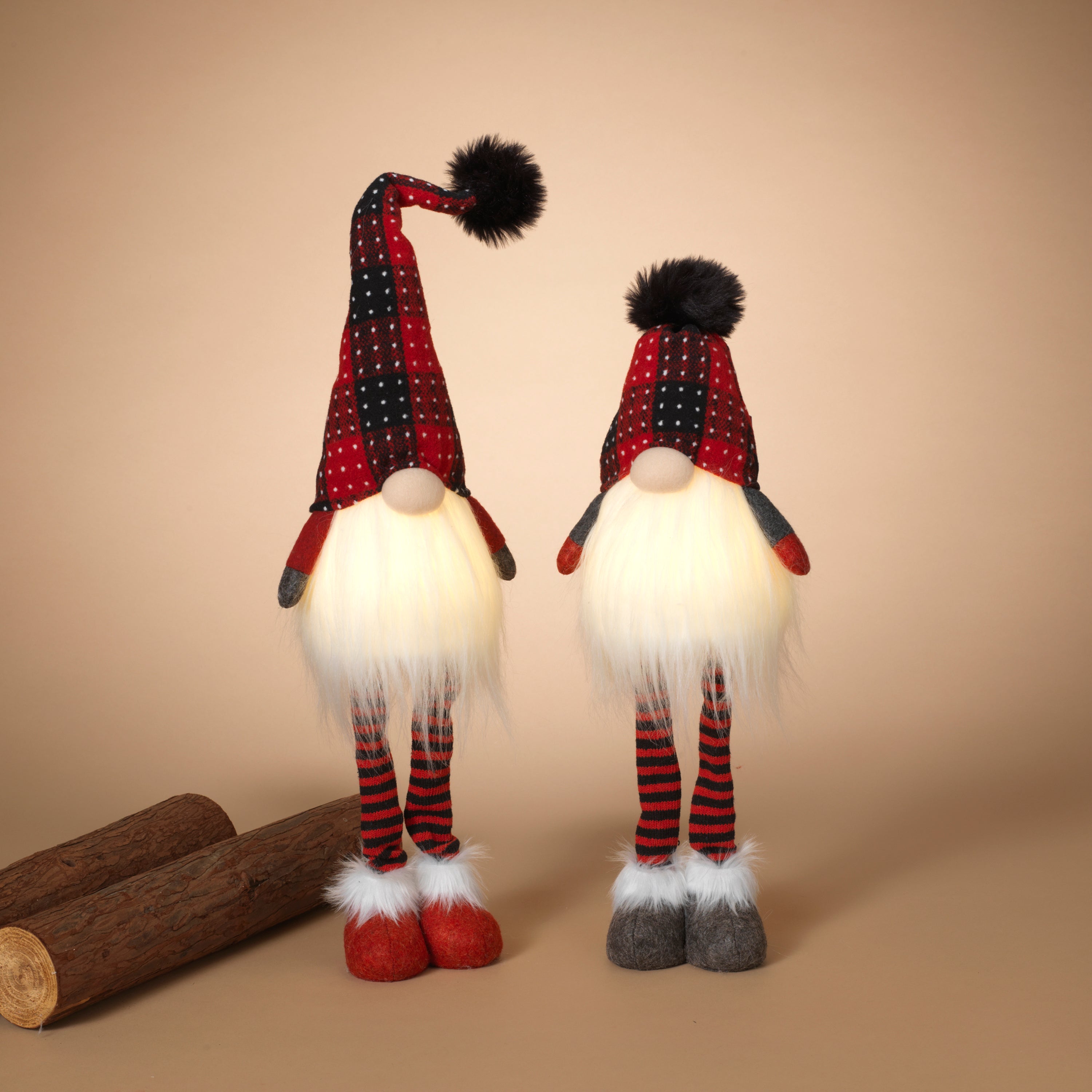 Set of 2 Lighted Plush Red and Black Plaid Holiday Standing Gnomes, Battery Operated